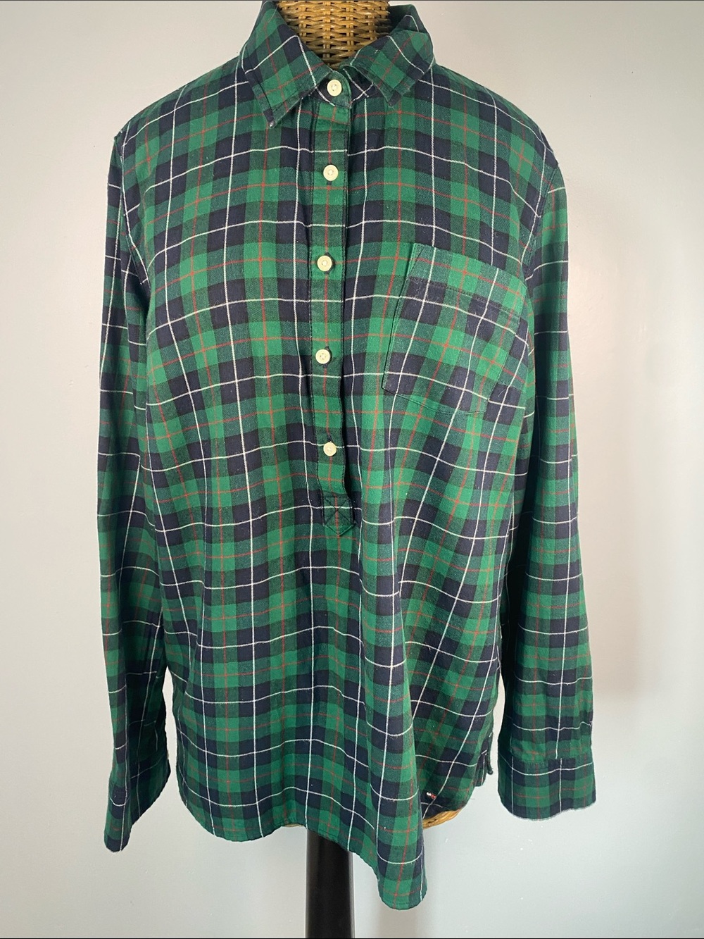 Tommy Hilfiger Green and Navy Plaid Half-Placket Button-Down Shirt